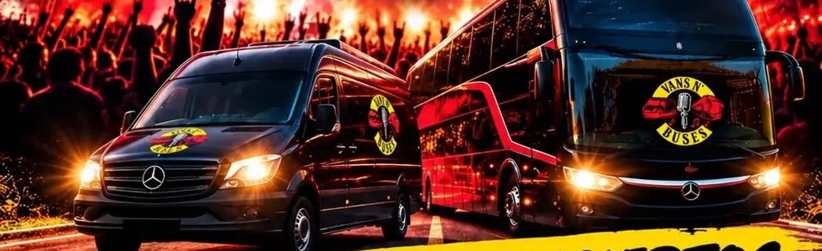 Van y bus de Vans N' Buses frente a un escenario de concierto